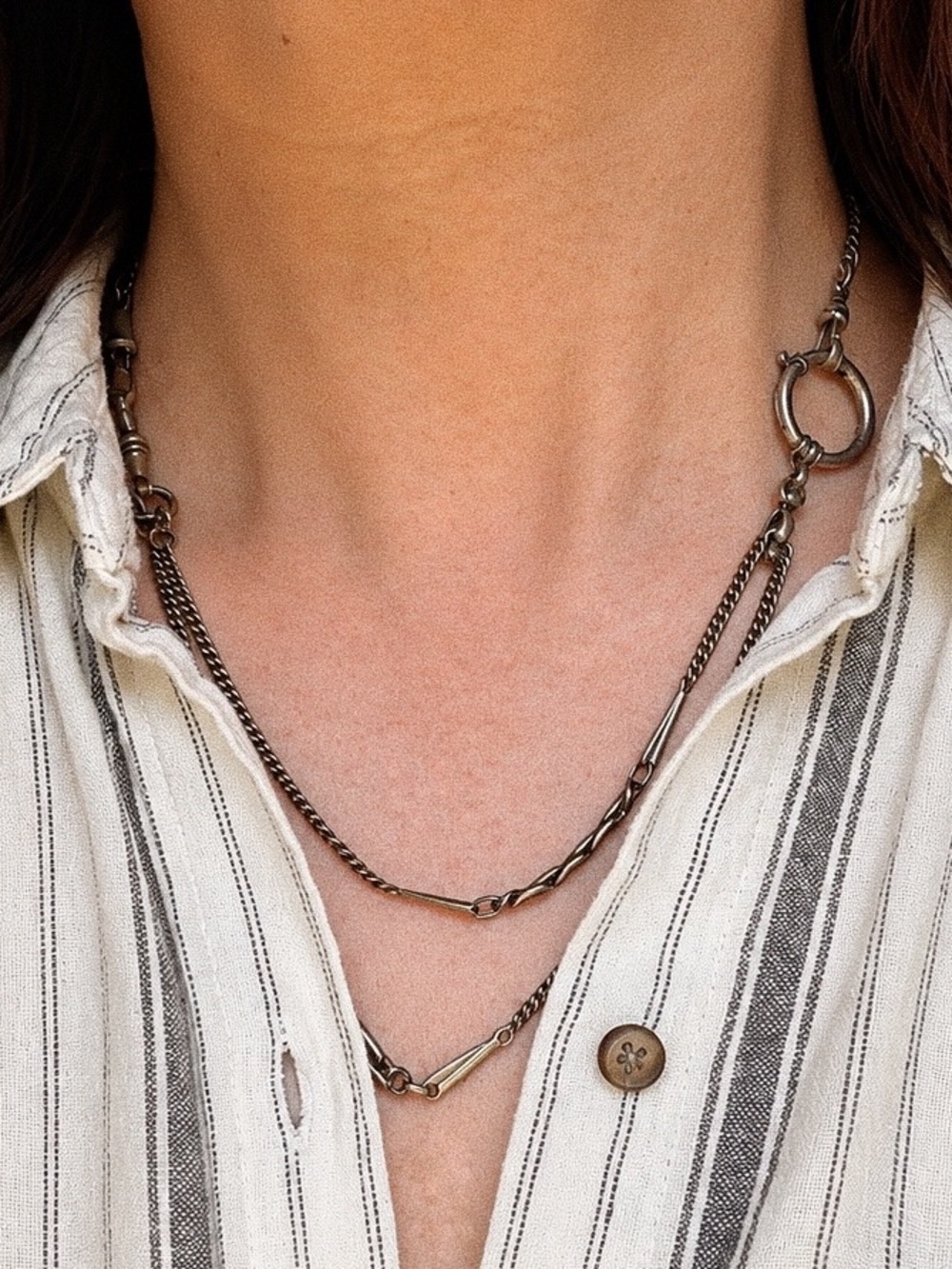 Antique Watch Chain Conversion Necklace • Adjustable Double Layer Style • Silver